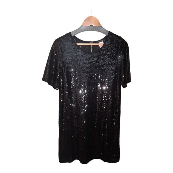 Solution Womens Black Lined Short Sleeve Sequined Mini Dress Size Large NWT - Picture 1 of 5